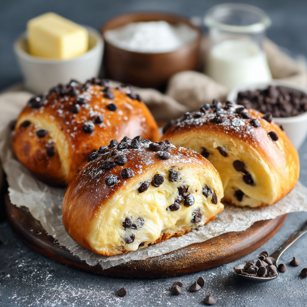 A plate of chocolate chip bread rolls with powdered sugar on top.