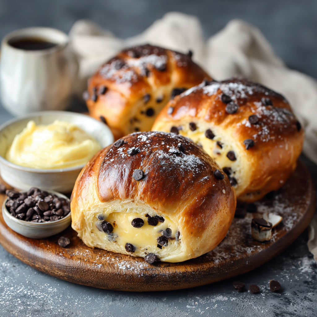 A plate of chocolate chip bread rolls with a cup of butter and a bowl of sugar.