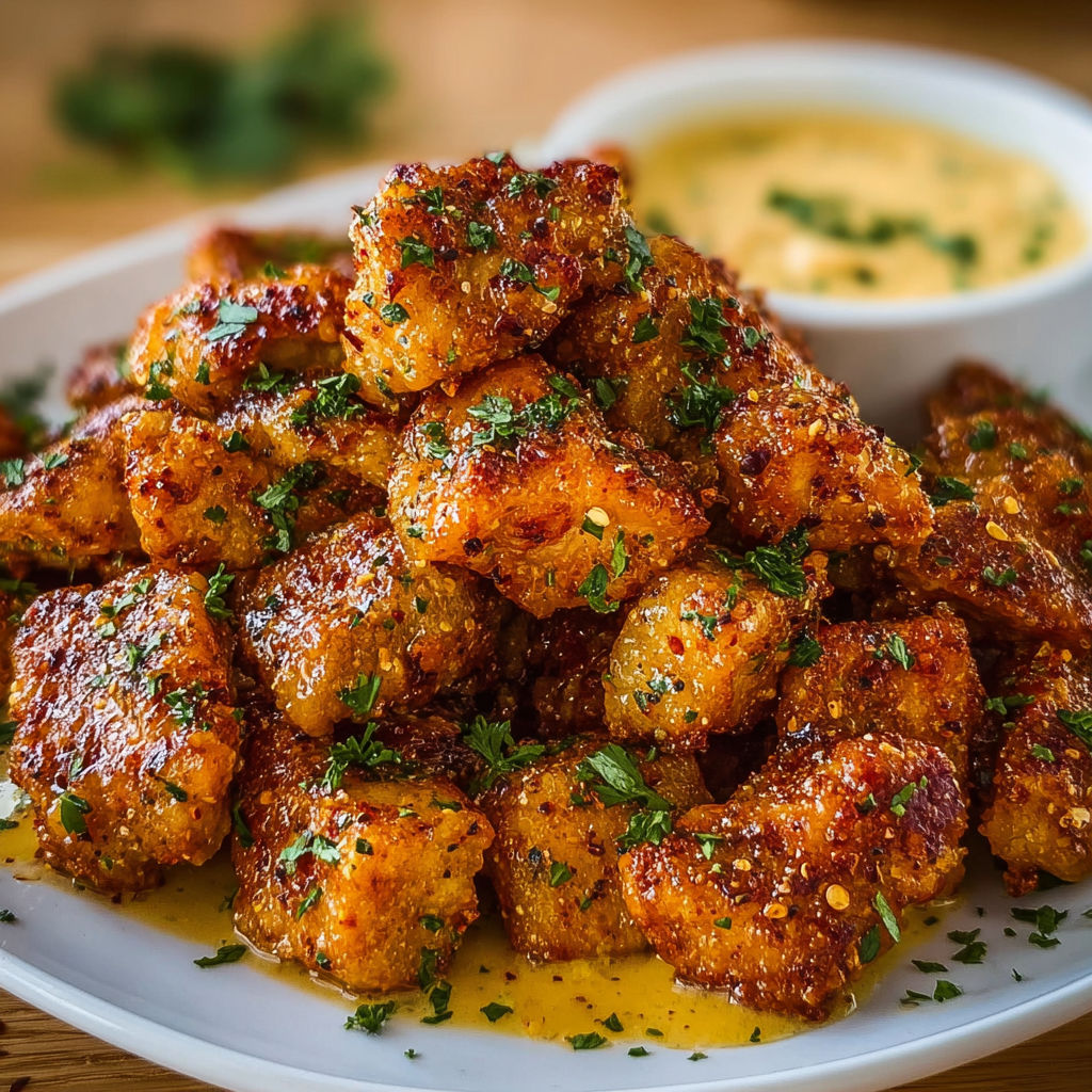 A plate of Cowboy Butter Chicken Bites with a dipping sauce.