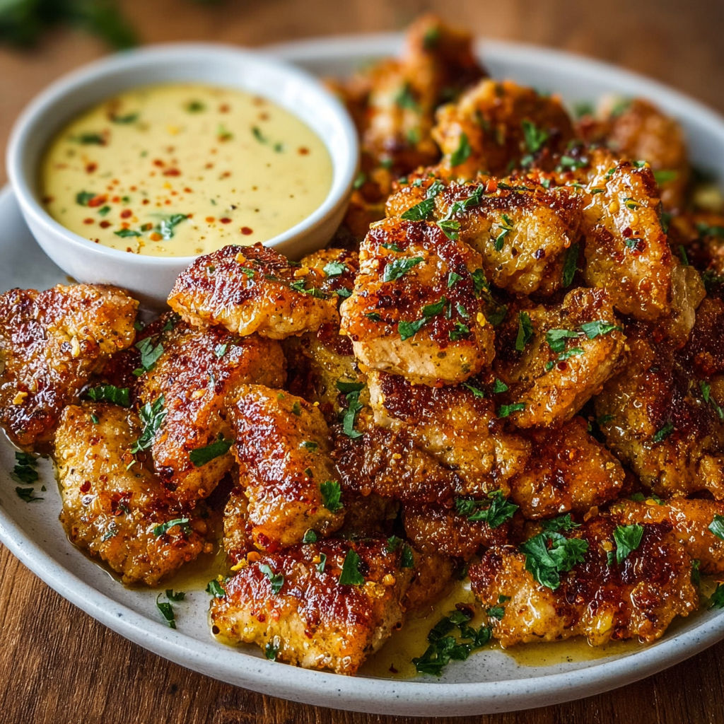 A plate of fried chicken with a dipping sauce on the side.