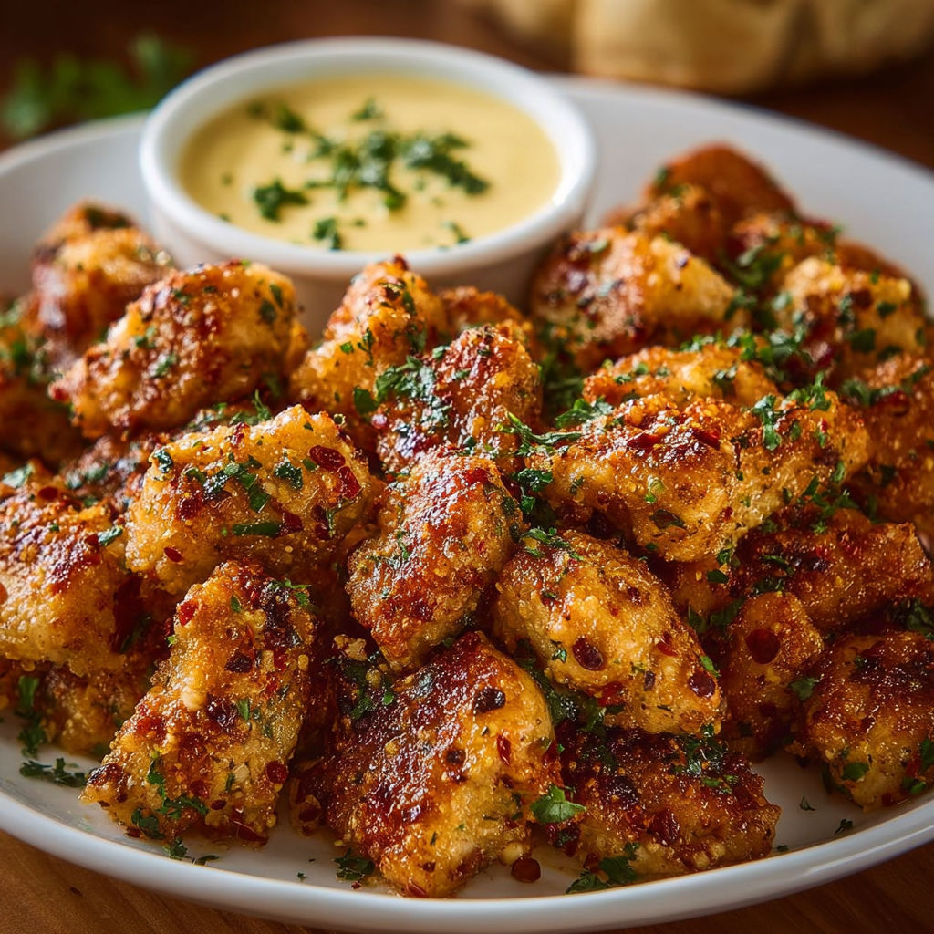 A plate of fried chicken with a dipping sauce on the side.