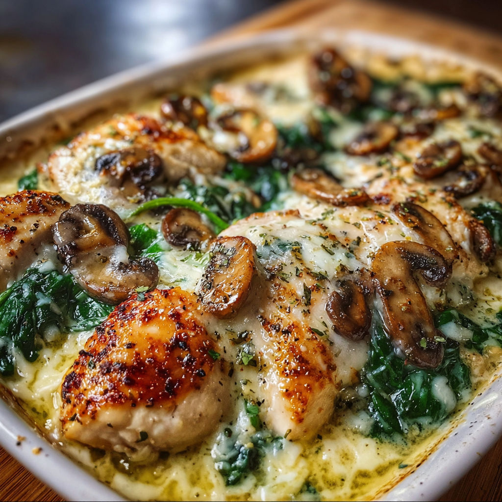 A delicious Chicken Spinach Mushroom Oven Dish is served in a white bowl.