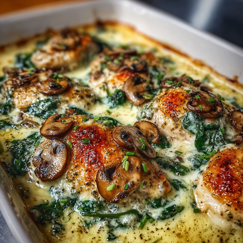 A dish of chicken with mushrooms and spinach, served in a white bowl.