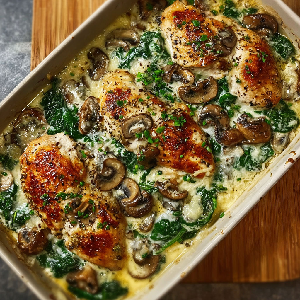 A dish of chicken and mushrooms with a green topping, possibly spinach, is served in a white dish.