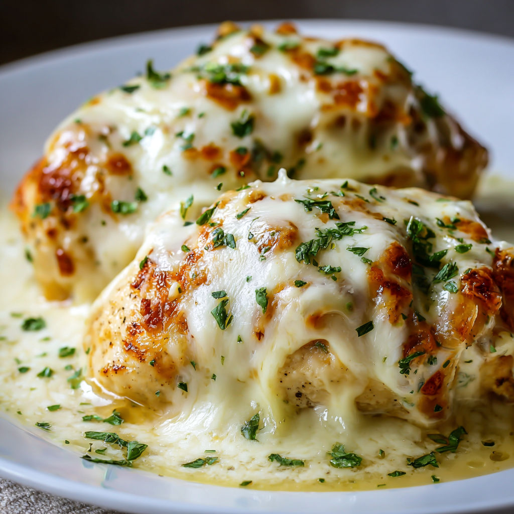 A plate of cheesy mozzarella chicken with a creamy sauce.