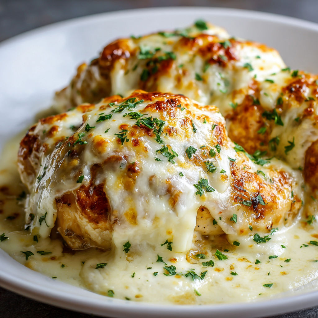 A plate of Slow Cooker Cheesy Mozzarella Chicken Creamy is presented.