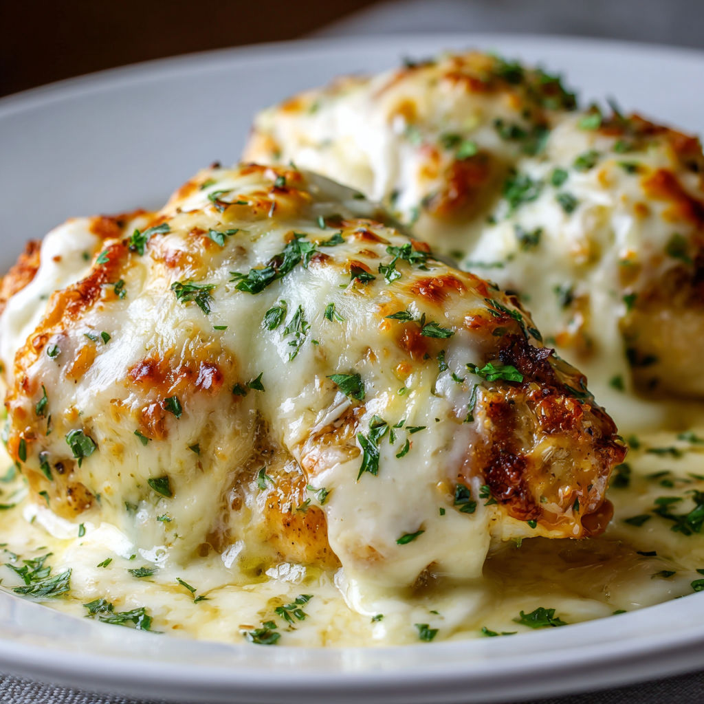 A plate of cheesy mozzarella chicken with a creamy sauce.