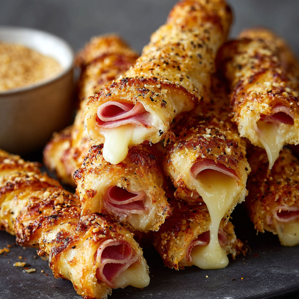 A plate of ham and cheese sticks with cheese dripping off them.
