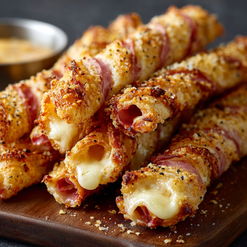 A plate of breaded meat sticks with cheese and bacon, ready to be cooked.