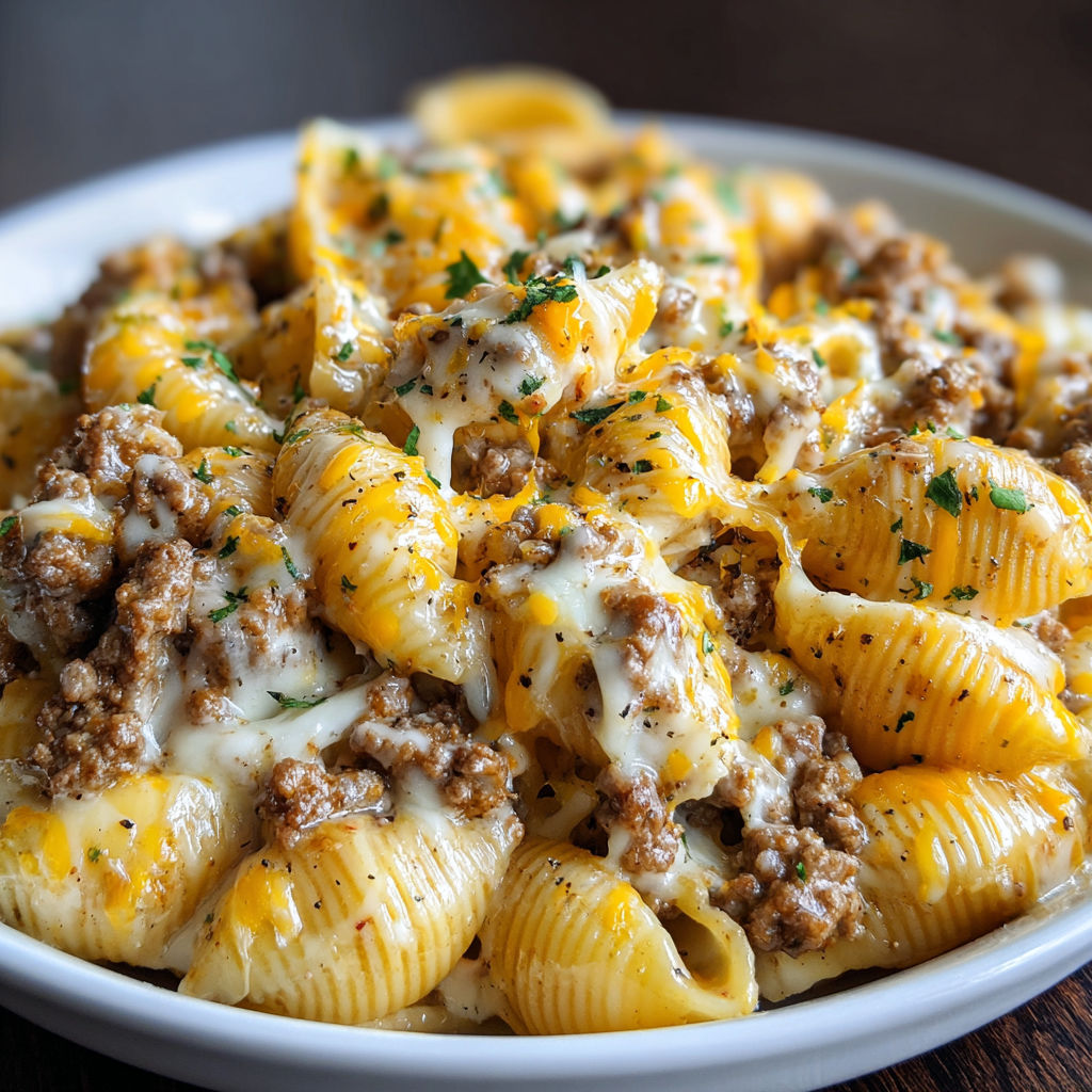 A plate of pasta with cheese and beef in a crockpot.