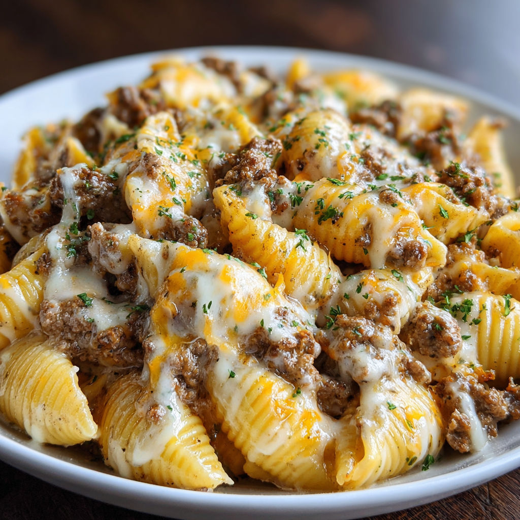 A plate of pasta covered in cheese and beef.