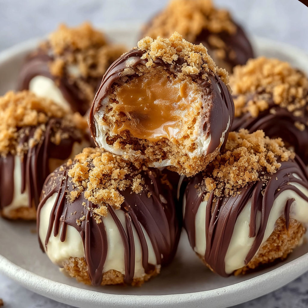 A plate of chocolate covered peanut butter balls with caramel drizzle.