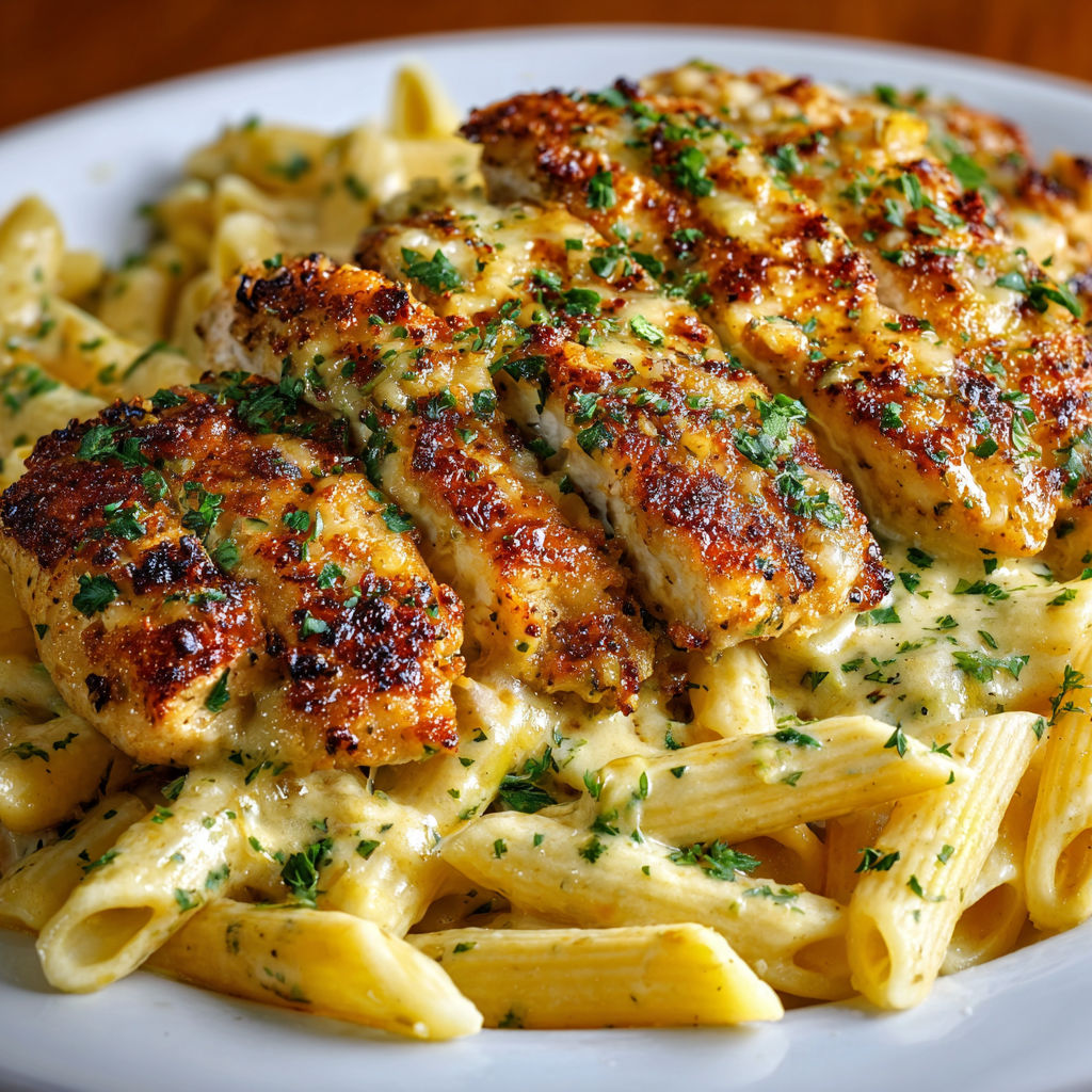 A plate of chicken and pasta with a creamy sauce, likely a Cheddar Parmesan Garlic Butter Chicken with Creamy Penne Pasta Recipe.