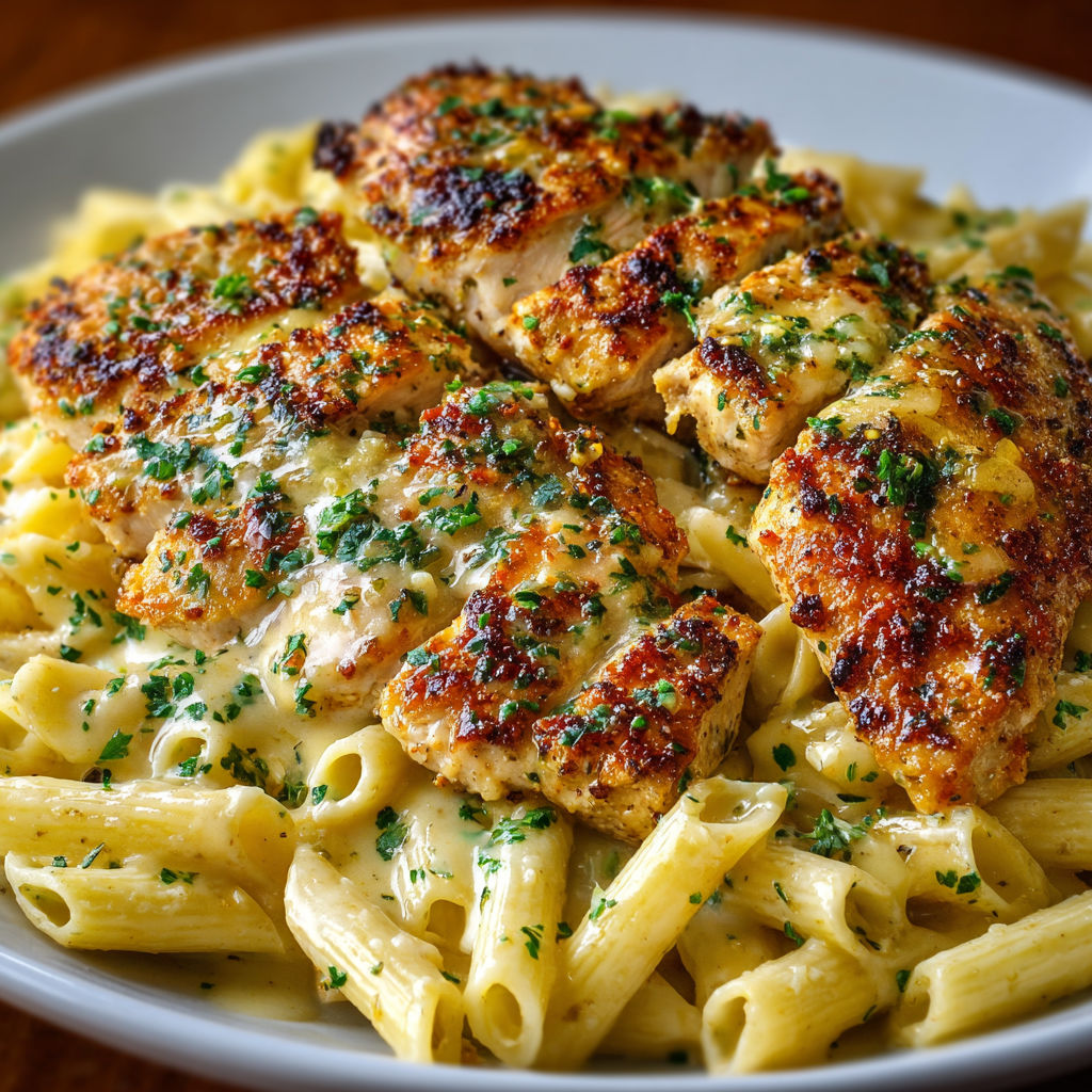 A plate of chicken and pasta with a side of garlic bread.