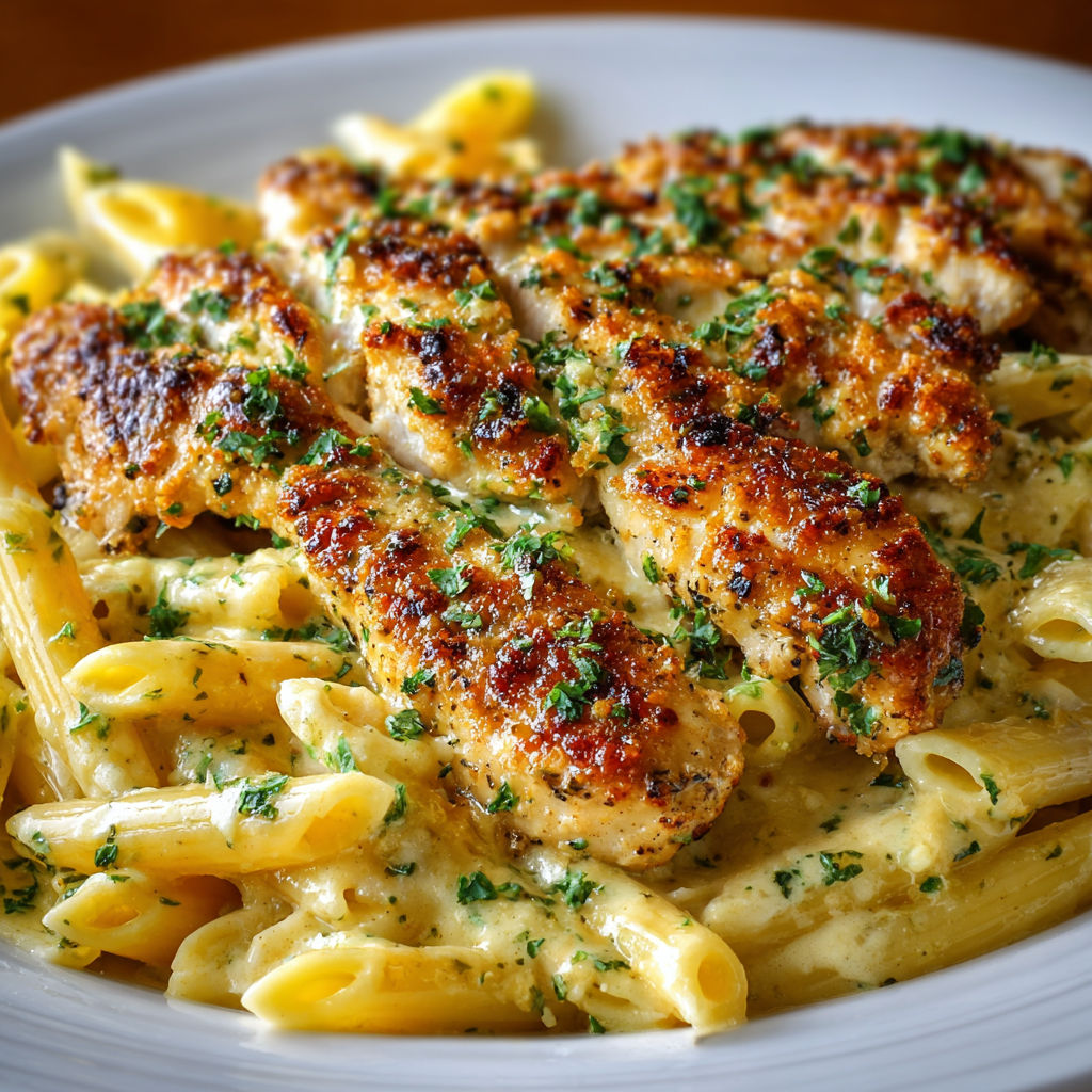 A plate of pasta with chicken and herbs on top.
