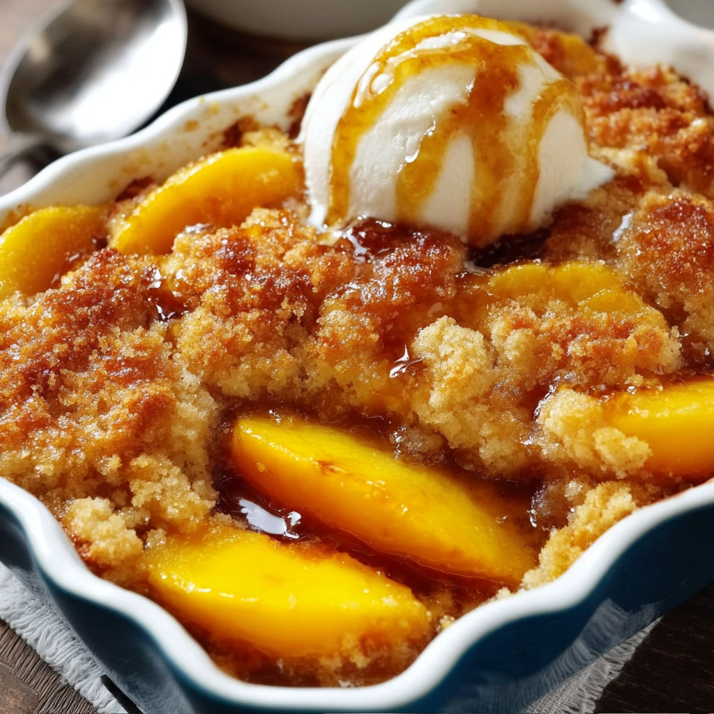A delicious dessert, Buttery Vanilla Peach Cobbler with Sweet Crust, is served in a bowl with a spoon.