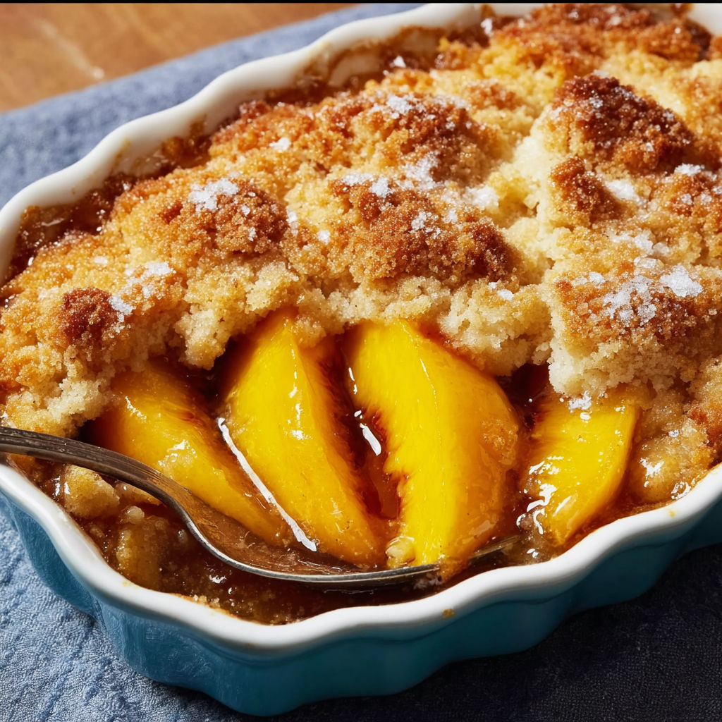 A bowl of peach cobbler with a fork sticking out of it.