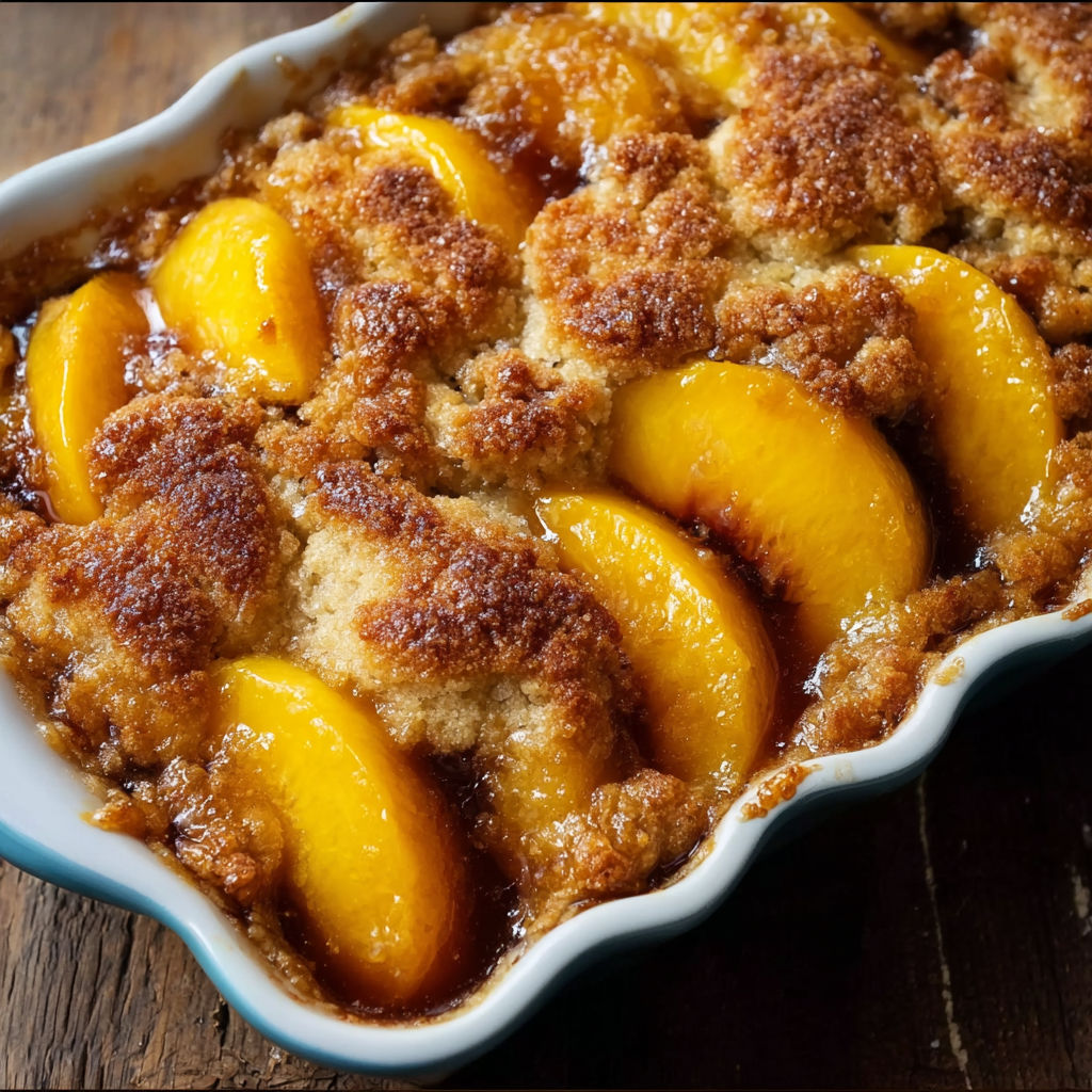 A delicious dessert made with peaches and brown sugar, served in a white bowl.