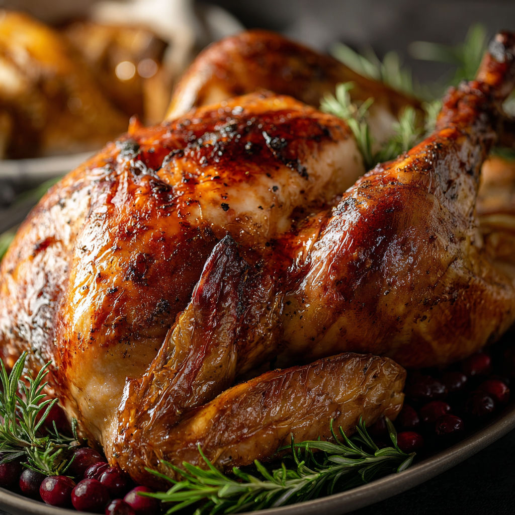 A roasted chicken with a golden brown crust, surrounded by a variety of vegetables and herbs, including cranberries, oranges, and parsley.
