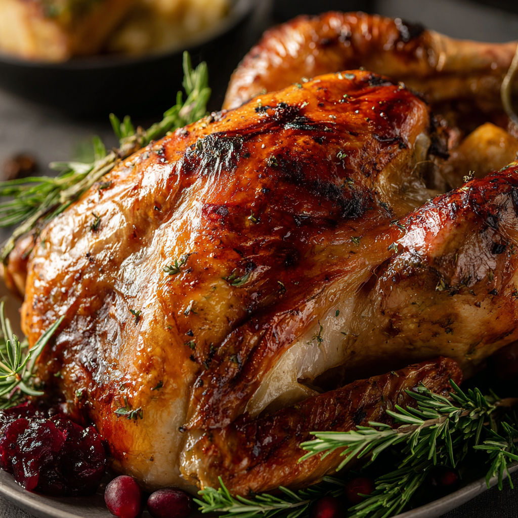 A roasted turkey with herbs and a cranberry sauce, ready to be served.