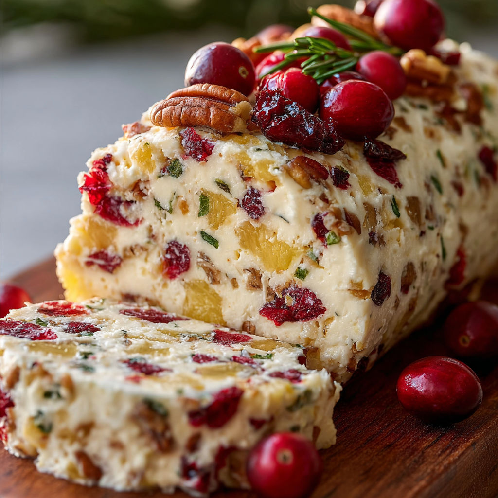 A slice of Pineapple Cranberry Holiday Cheese is displayed on a wooden cutting board.