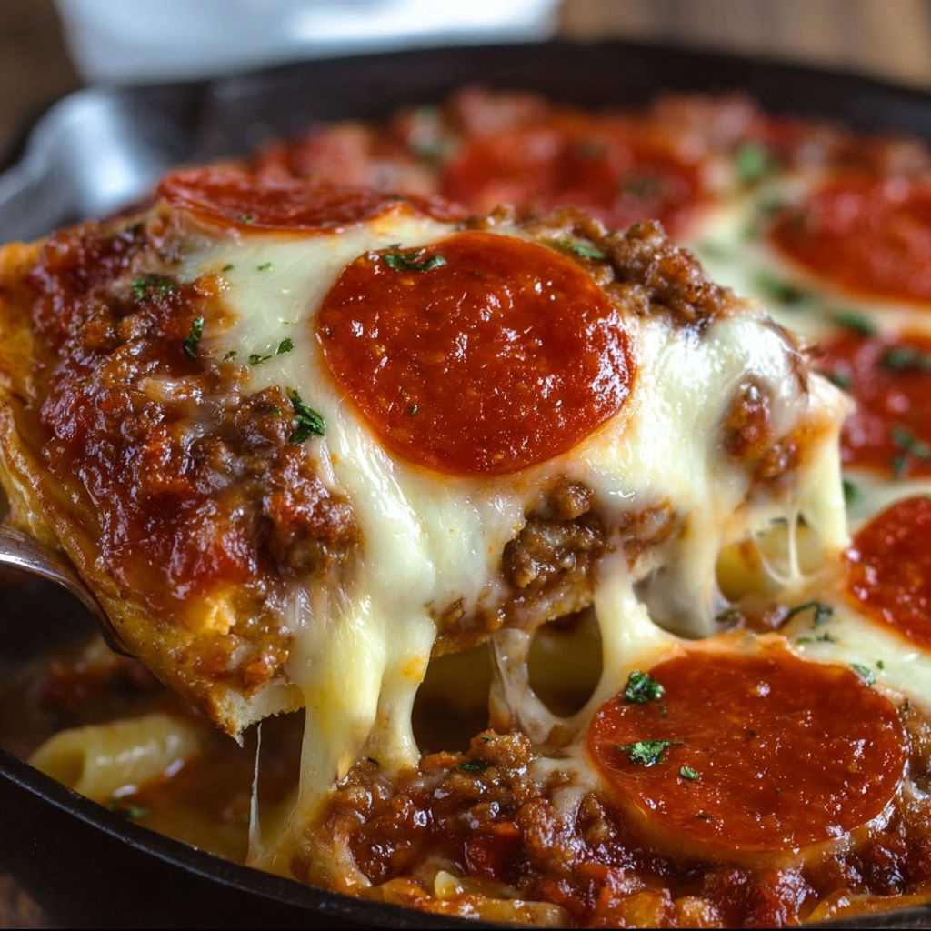 A close up of a delicious deep hamburger sausage pepperoni bake.