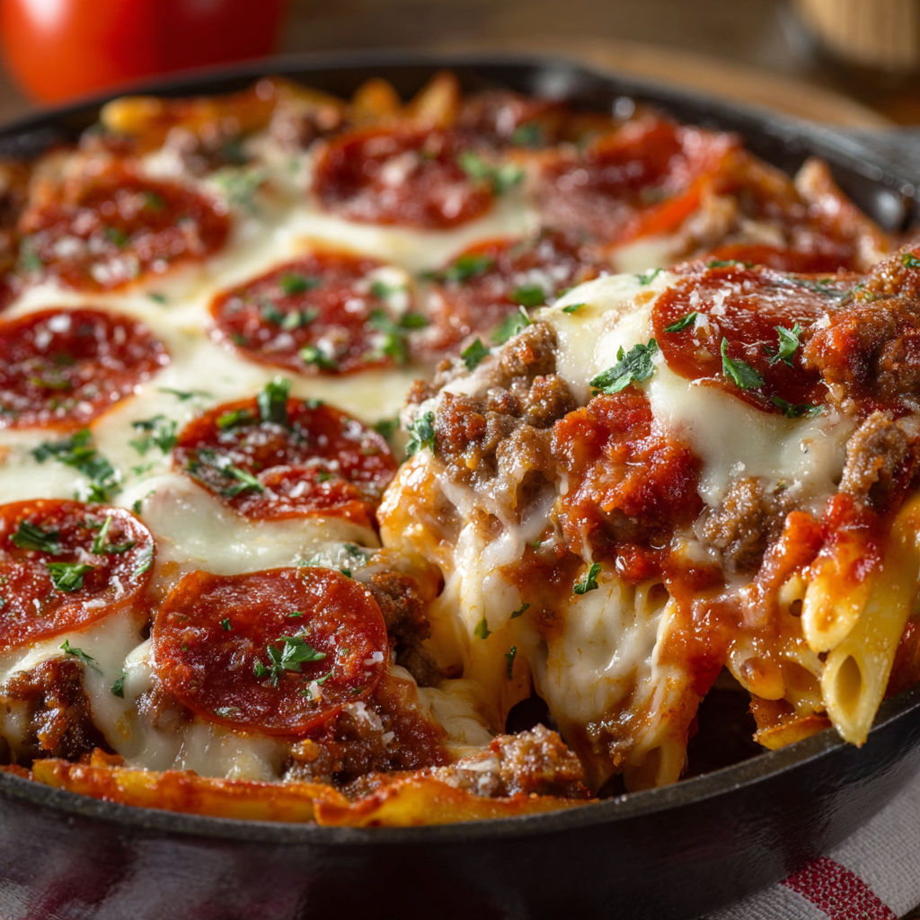 A delicious deep hamburger sausage pepperoni bake is ready to be served.