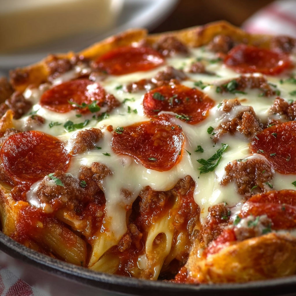 A delicious deep hamburger sausage pepperoni bake, ready to be served.