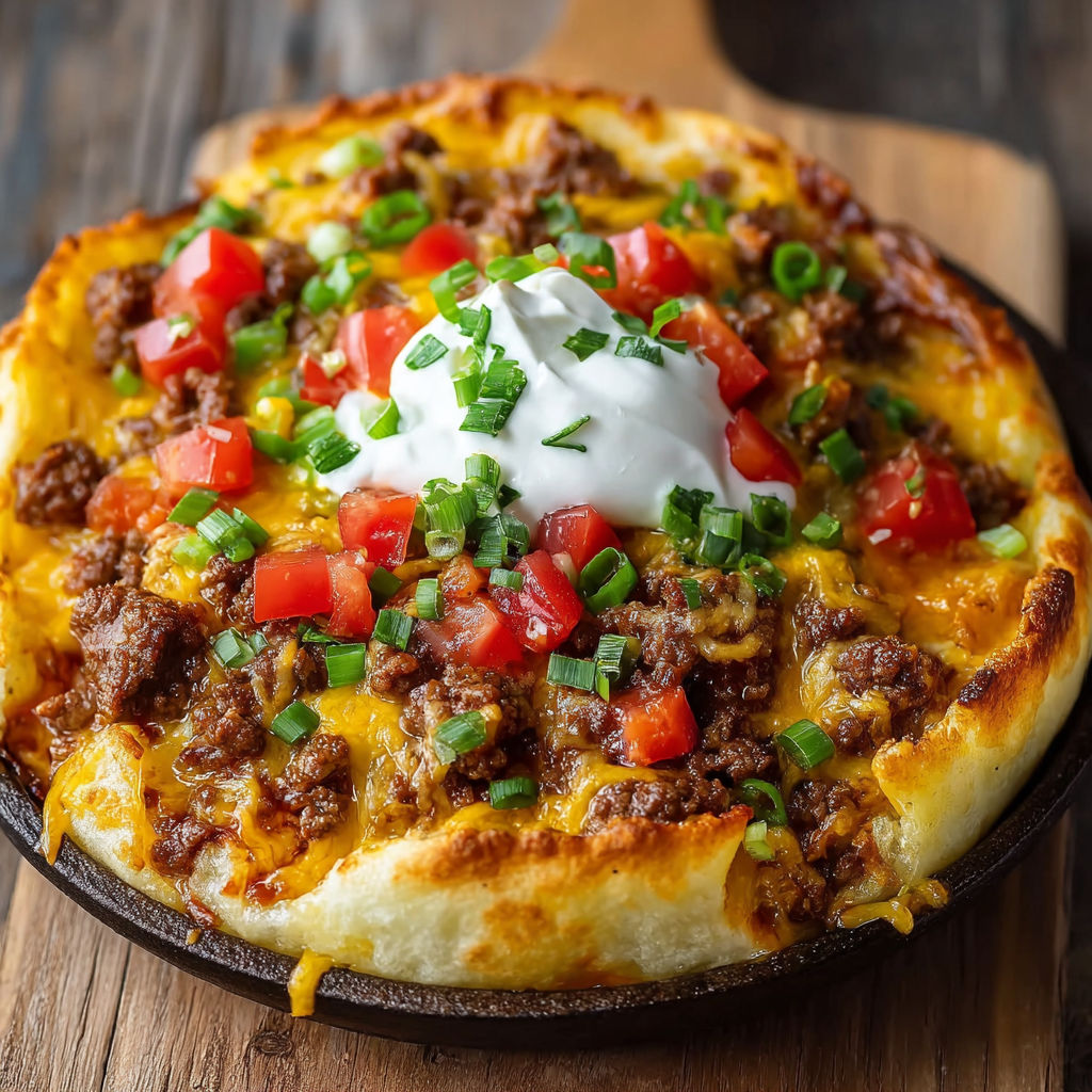 A delicious looking pizza with tomatoes, cheese, and meat toppings, served in a black pan.