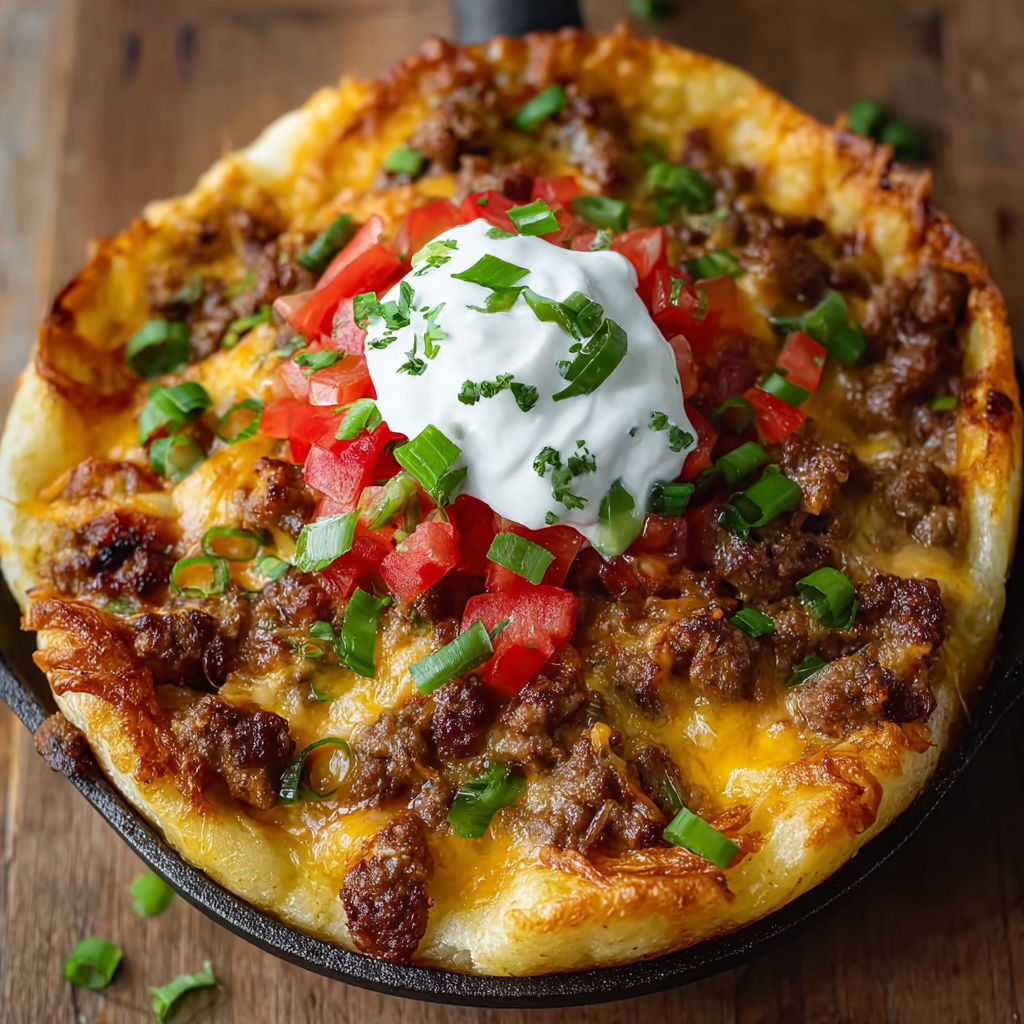 A delicious Mexican dish with meat, tomatoes, and cheese, served in a cast iron skillet.