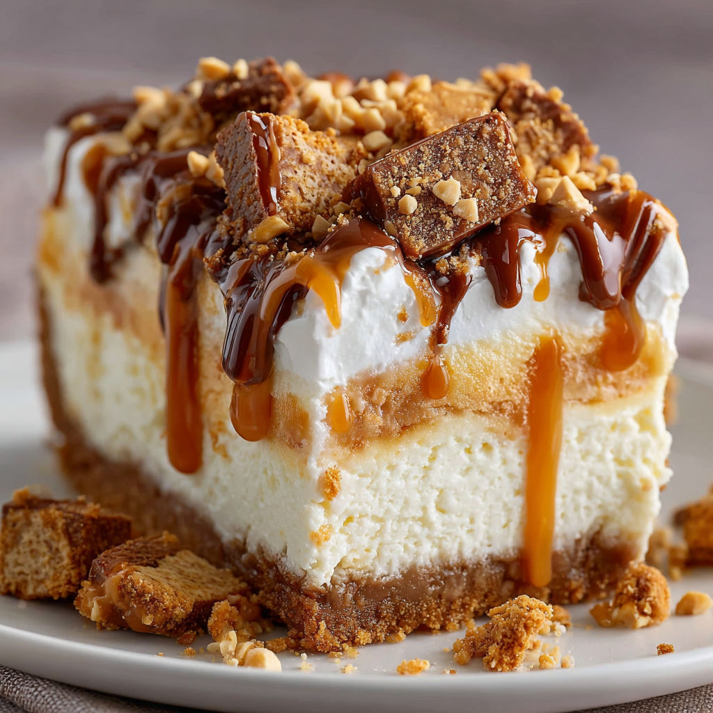 A slice of Butterfinger Caramel Cheesecake with drizzled caramel sauce on a white plate.