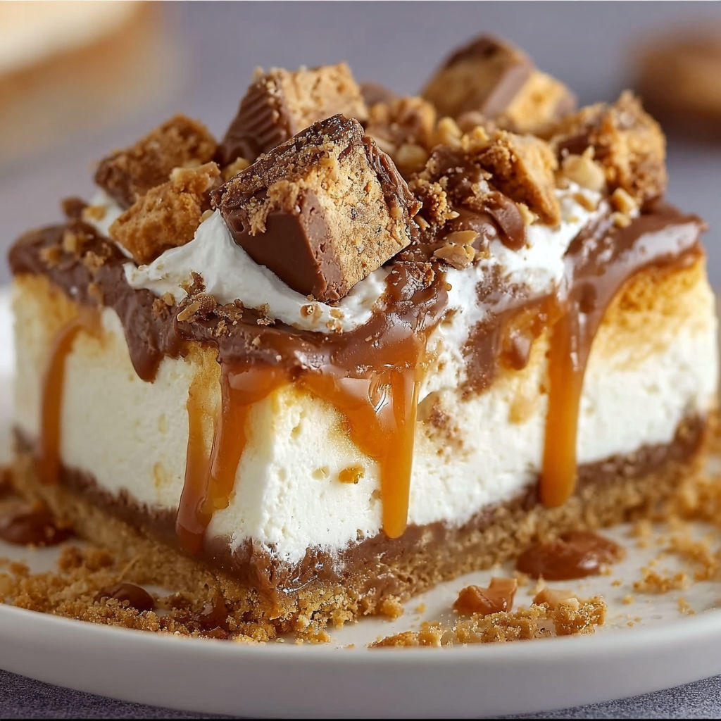 A slice of Butterfinger Caramel Cheesecake with drizzled caramel sauce.
