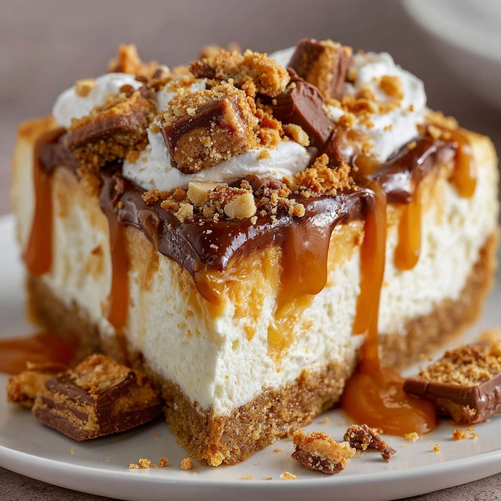 A slice of Butterfinger Caramel Cheesecake on a plate.