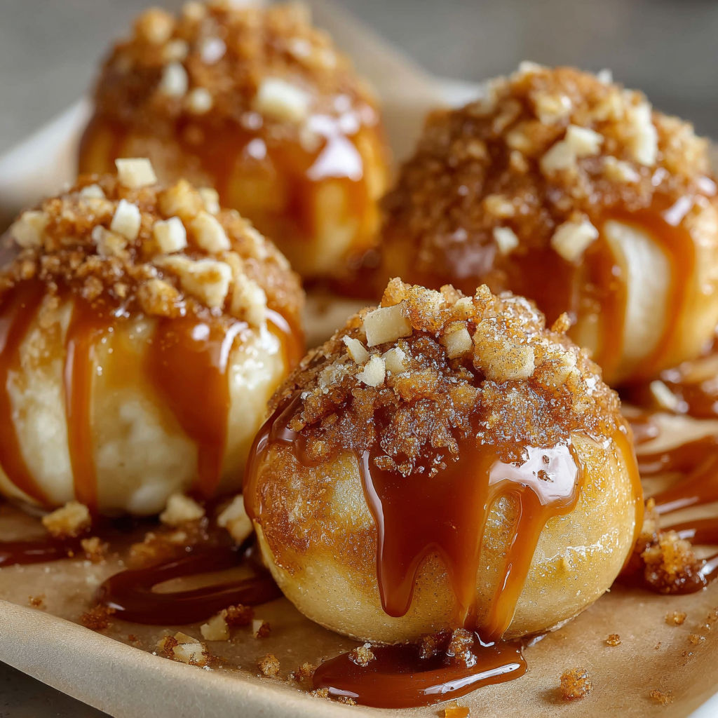A plate of doughnuts with caramel sauce drizzled over them.