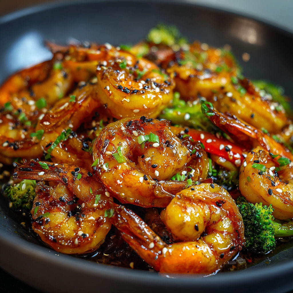 A delicious Honey Garlic Shrimp Stirfry is served in a bowl, featuring a generous amount of shrimp and broccoli.
