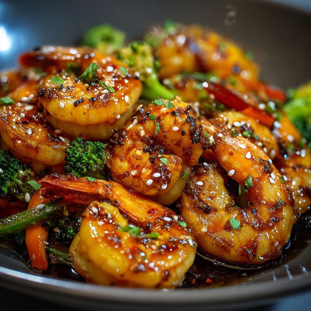 A delicious Honey Garlic Shrimp Stirfry is served in a bowl, featuring a variety of ingredients such as broccoli, carrots, and shrimp.