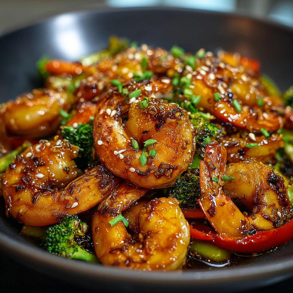 A delicious Honey Garlic Shrimp Stirfry is served in a bowl, featuring a variety of ingredients such as broccoli, carrots, and peppers.