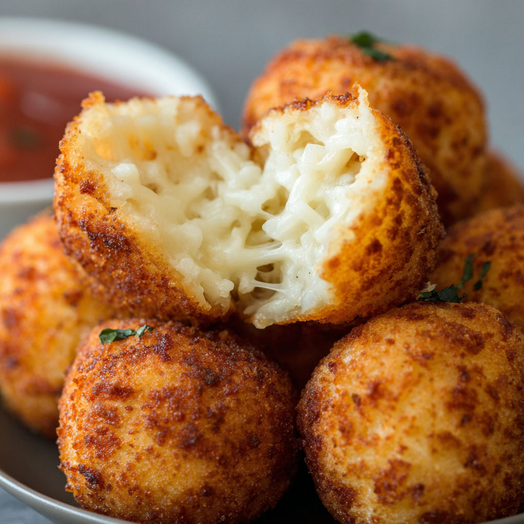 A plate of Arancini Rice Balls with a dipping sauce.