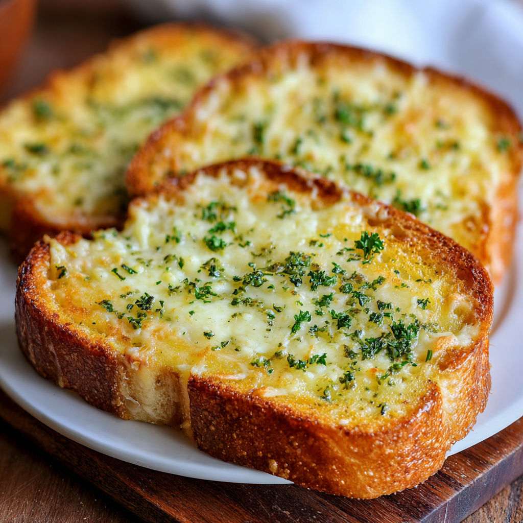 A plate of cheesy Texas toast with green herbs on top.