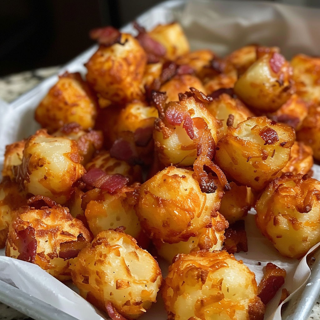 A plate of bacon wrapped potatoes with a close up of a piece of bacon wrapped potato.