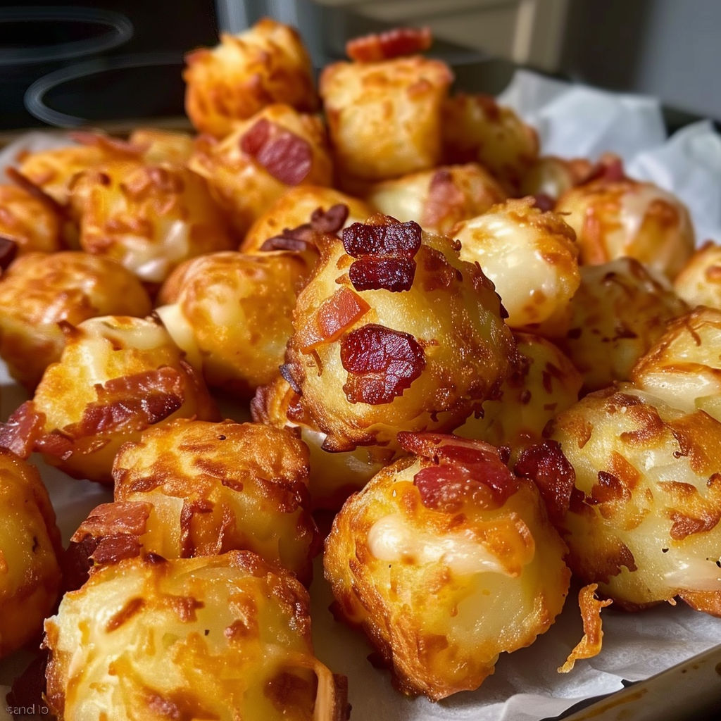 Bacon and cheese stuffed potatoes on a tray.
