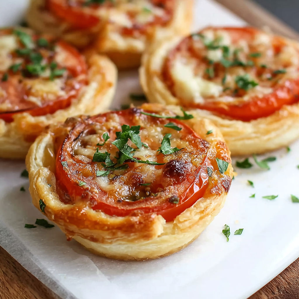A plate of four tomato and cheese pastries.