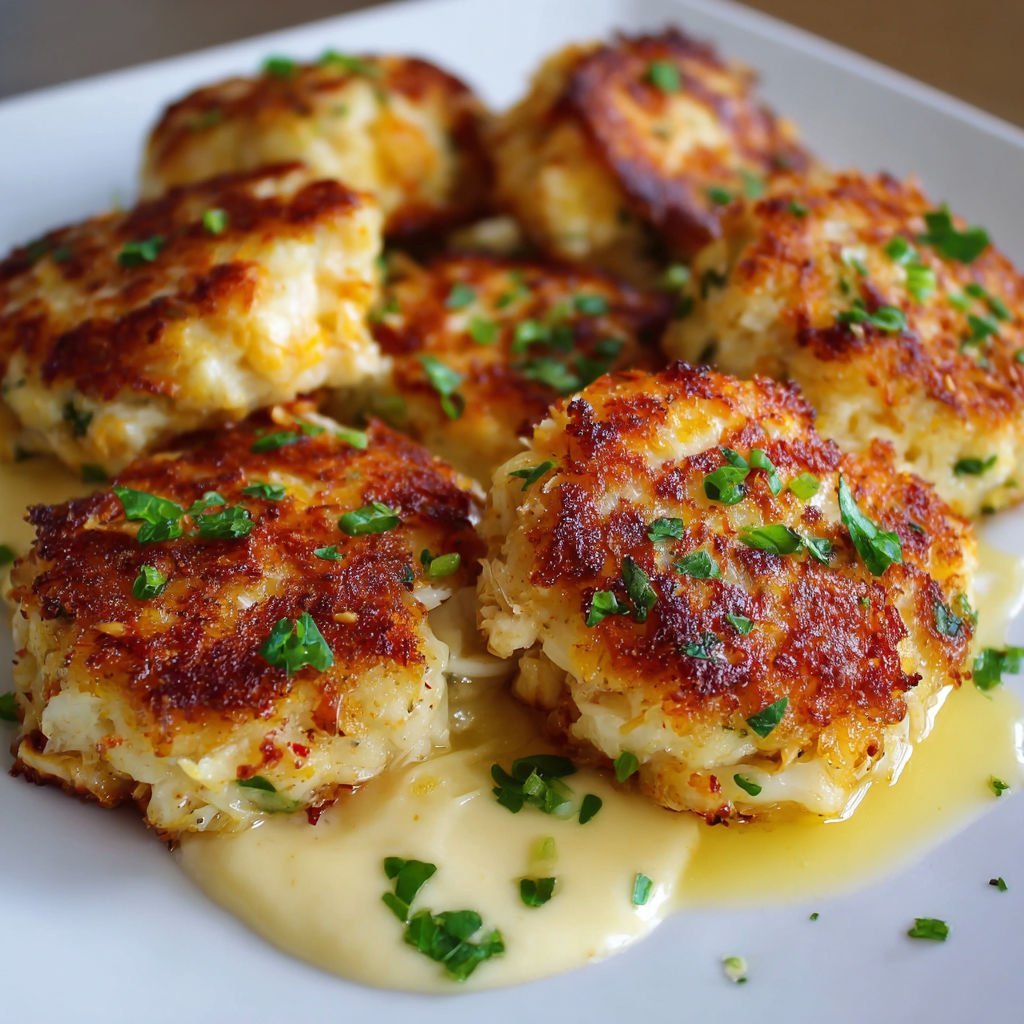 A plate of Cheddar Crab Cakes with a creamy sauce drizzled over them.