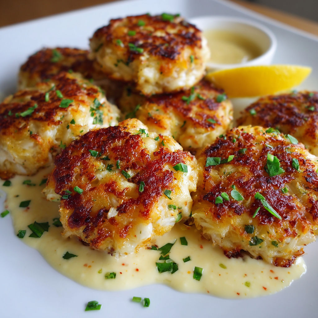 A plate of crab cakes with a lemon wedge on top, served with a creamy sauce.