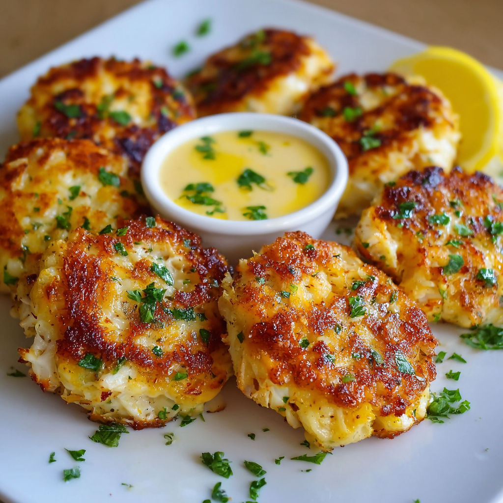 A plate of crab cakes with a lemon wedge on the side.