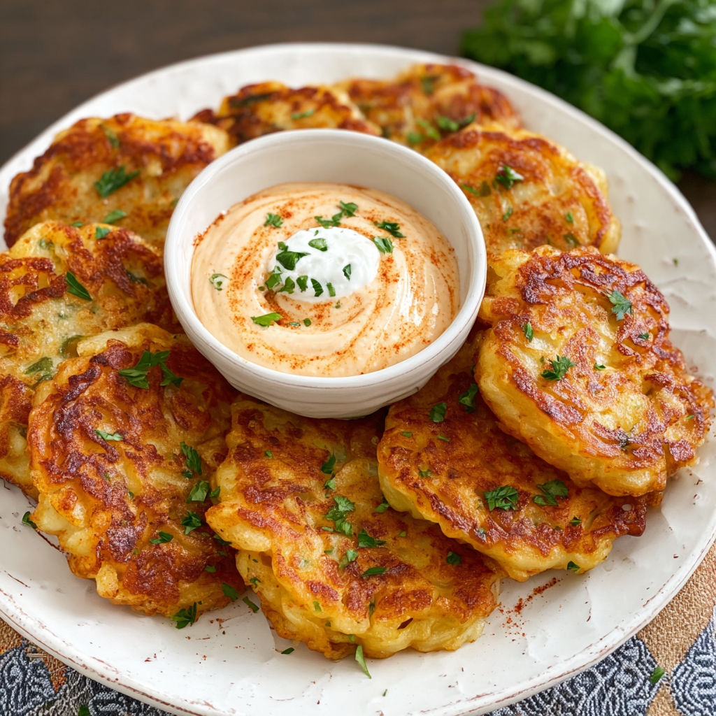 A plate of delicious Spanish potato fritters with a bowl of dipping sauce.