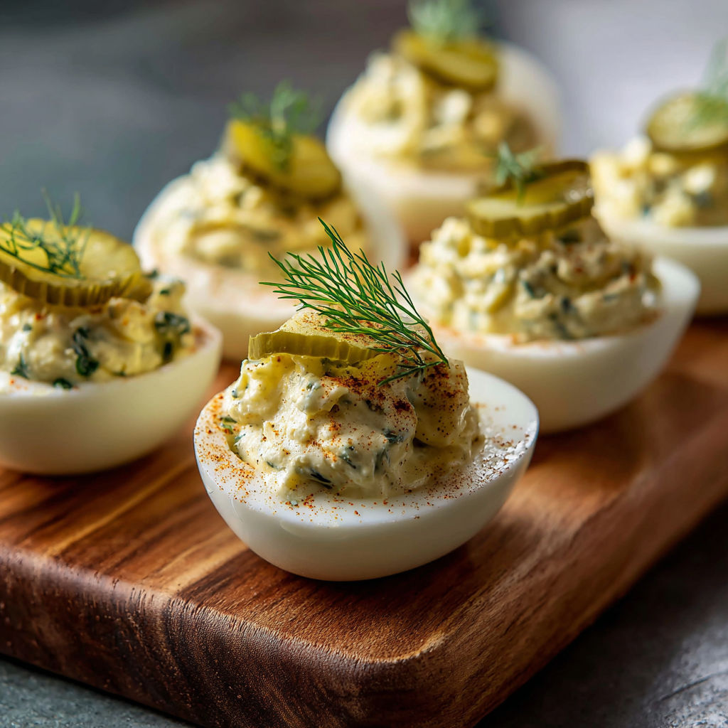 A plate of Dill Pickle Deviled Eggs with a wooden cutting board underneath.