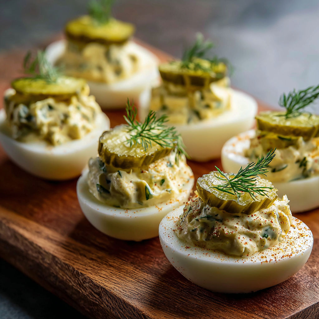 A wooden cutting board holds a variety of food items, including deviled eggs, pickles, and cucumbers.