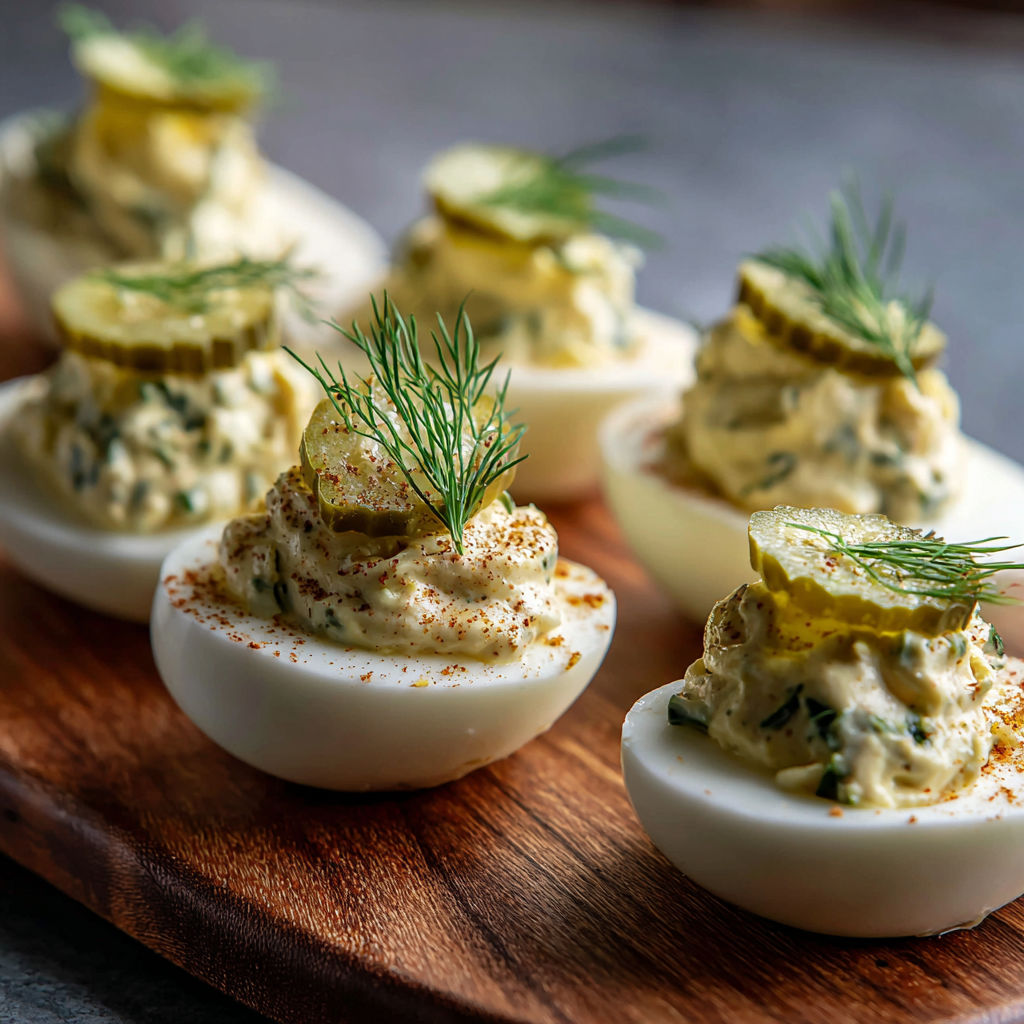 A wooden platter holds a variety of food items, including deviled eggs, pickles, and a dip.