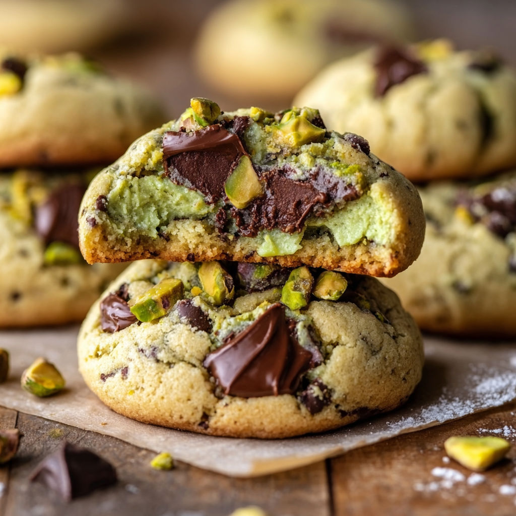 A stack of Pistachio Cream Cookies on a table.